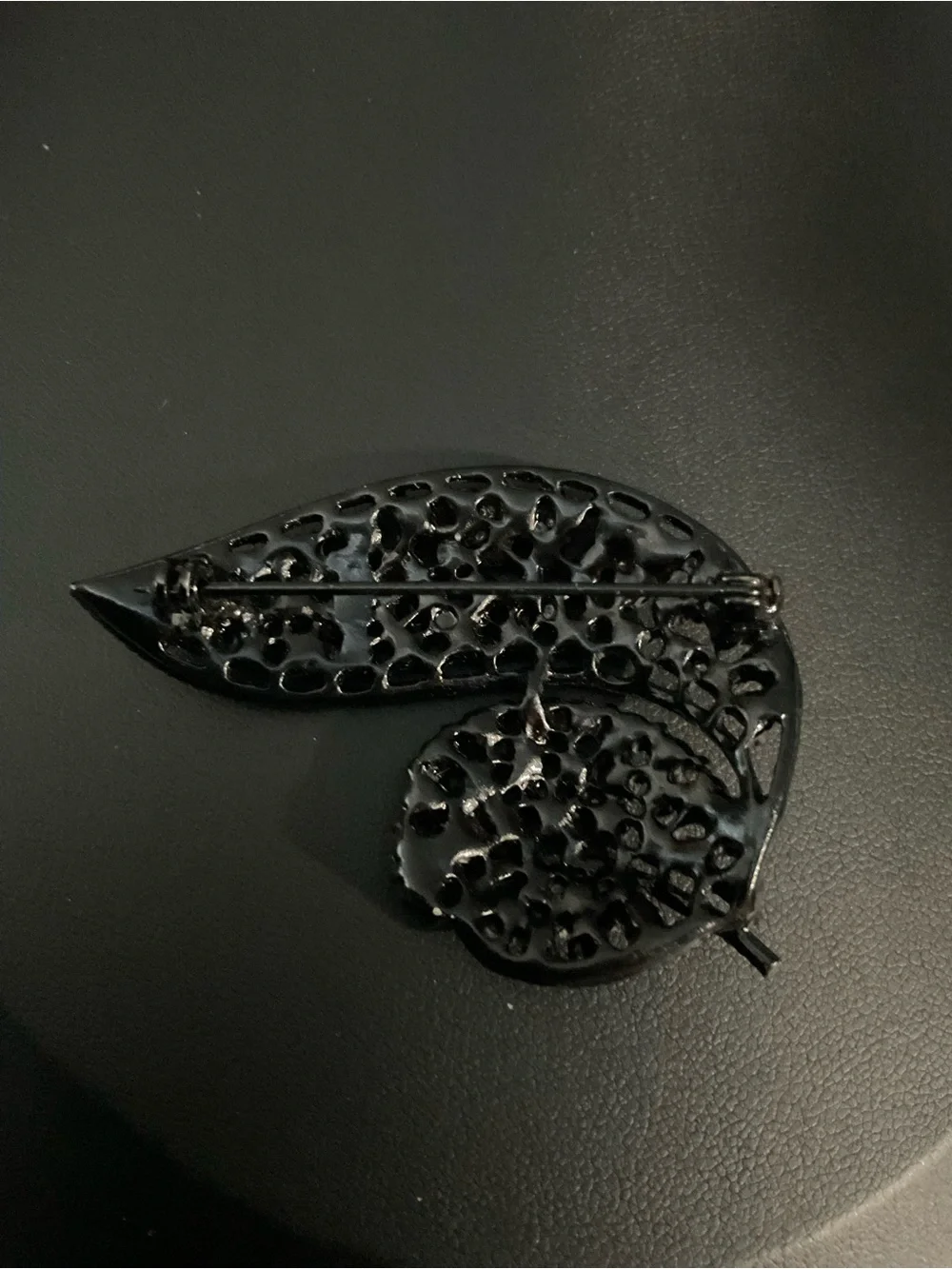 1960s style leaf brooch black enamel and iridescent Aurora Borealis stones 2463